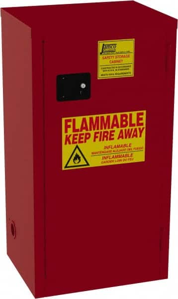 Jamco - 1 Door, 3 Shelf, Red Steel Double Wall Safety Cabinet for Flammable and Combustible Liquids - 35" High x 18" Wide x 23" Deep, Self Closing Door, 3 Point Key Lock, 24 Gal Capacity - Americas Industrial Supply