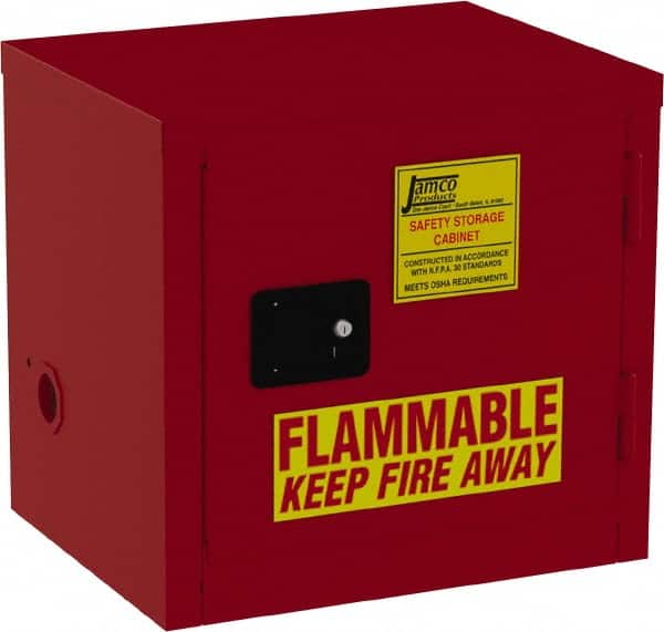 Jamco - 1 Door, 1 Shelf, Red Steel Double Wall Safety Cabinet for Flammable and Combustible Liquids - 22" High x 18" Wide x 23" Deep, Self Closing Door, 3 Point Key Lock, 12 Gal Capacity - Americas Industrial Supply