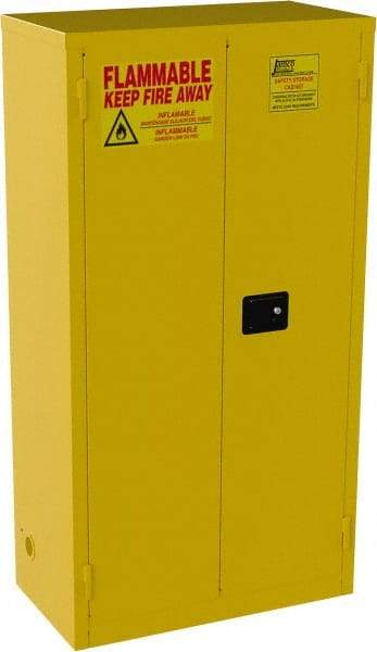 Jamco - 2 Door, 3 Shelf, Yellow Steel Double Wall Safety Cabinet for Flammable and Combustible Liquids - 65" High x 18" Wide x 34" Deep, Manual Closing Door, 3 Point Key Lock, 44 Gal Capacity - Americas Industrial Supply
