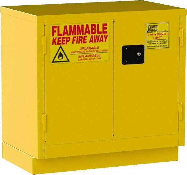Jamco - 2 Door, 1 Shelf, Yellow Steel Double Wall Safety Cabinet for Flammable and Combustible Liquids - 35" High x 22" Wide x 36" Deep, Self Closing Door, 3 Point Key Lock, 22 Gal Capacity - Americas Industrial Supply