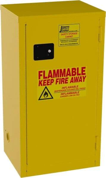 Jamco - 1 Door, 2 Shelf, Yellow Steel Double Wall Safety Cabinet for Flammable and Combustible Liquids - 44" High x 18" Wide x 23" Deep, Manual Closing Door, 3 Point Key Lock, 18 Gal Capacity - Americas Industrial Supply