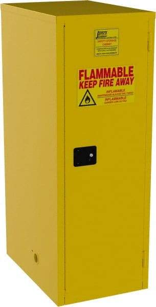 Jamco - 1 Door, 3 Shelf, Yellow Steel Double Wall Safety Cabinet for Flammable and Combustible Liquids - 65" High x 34" Wide x 23" Deep, Manual Closing Door, 3 Point Key Lock, 60 Gal Capacity - Americas Industrial Supply