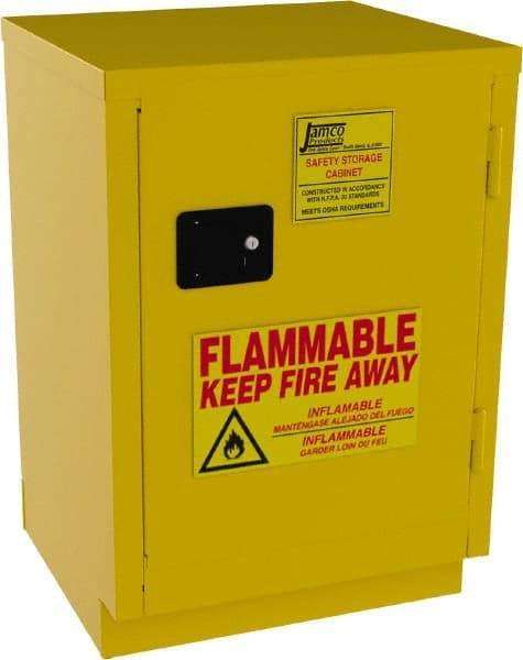 Jamco - 1 Door, 1 Shelf, Yellow Steel Double Wall Safety Cabinet for Flammable and Combustible Liquids - 35" High x 22" Wide x 24" Deep, Self Closing Door, 3 Point Key Lock, 12 Gal Capacity - Americas Industrial Supply