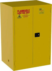 Jamco - 2 Door, 2 Shelf, Yellow Steel Double Wall Safety Cabinet for Flammable and Combustible Liquids - 65" High x 34" Wide x 43" Deep, Manual Closing Door, 3 Point Key Lock, 90 Gal Capacity - Americas Industrial Supply