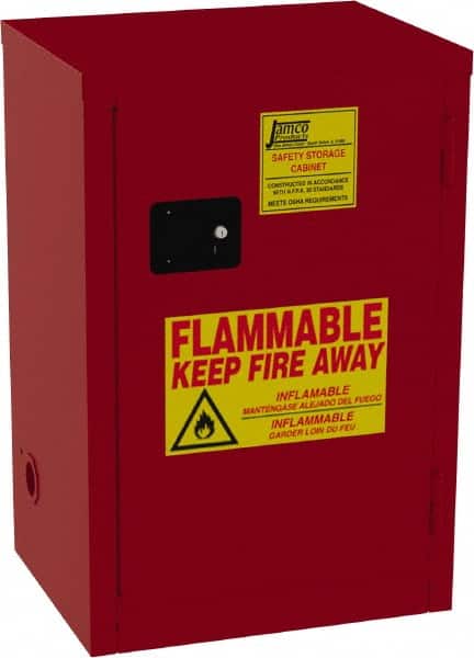 Jamco - 1 Door, 2 Shelf, Red Steel Double Wall Safety Cabinet for Flammable and Combustible Liquids - 35" High x 18" Wide x 23" Deep, Self Closing Door, 3 Point Key Lock, 18 Gal Capacity - Americas Industrial Supply