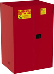 Jamco - 2 Door, 5 Shelf, Red Steel Double Wall Safety Cabinet for Flammable and Combustible Liquids - 65" High x 34" Wide x 43" Deep, Manual Closing Door, 3 Point Key Lock, 120 Gal Capacity - Americas Industrial Supply