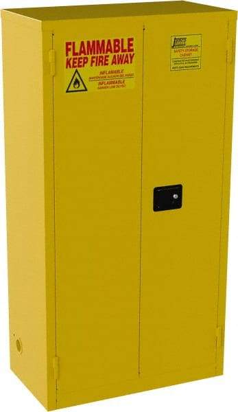 Jamco - 2 Door, 3 Shelf, Yellow Steel Double Wall Safety Cabinet for Flammable and Combustible Liquids - 65" High x 18" Wide x 34" Deep, Self Closing Door, 3 Point Key Lock, 44 Gal Capacity - Americas Industrial Supply