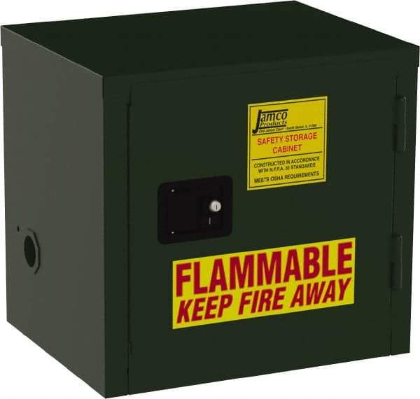Jamco - 1 Door, Green Steel Double Wall Safety Cabinet for Flammable and Combustible Liquids - 22" High x 18" Wide x 23" Deep, Manual Closing Door, 3 Point Key Lock, 6 Gal Capacity - Americas Industrial Supply