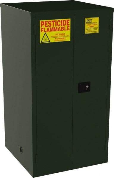 Jamco - 2 Door, 2 Shelf, Green Steel Double Wall Safety Cabinet for Flammable and Combustible Liquids - 65" High x 34" Wide x 34" Deep, Manual Closing Door, 3 Point Key Lock, 60 Gal Capacity - Americas Industrial Supply