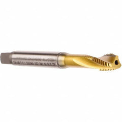 Emuge - M10x1.25 Metric Fine 3 Flute 6HX Modified Bottoming Spiral Flute Tap - Cobalt, TiN Finish, 100mm OAL, Right Hand Flute, Right Hand Thread, Series Rekord D - Americas Industrial Supply