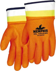 MCR Safety - Size L (9), 10-1/2" Long, 59 mil Thick, Supported, PVC Chemical Resistant Gloves - Rough Finish, Fleece/Jersey Lined, Orange - Americas Industrial Supply