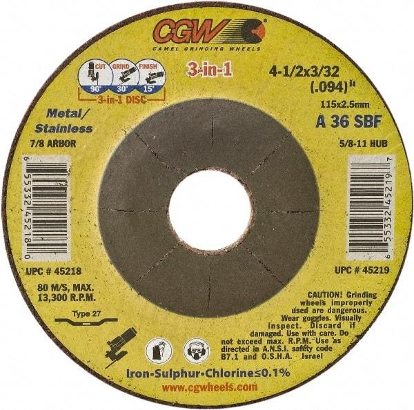 Camel Grinding Wheels - 36 Grit, 6" Wheel Diam, 3/32" Wheel Thickness, Type 27 Depressed Center Wheel - Medium Grade, Aluminum Oxide, Resinoid Bond, 10,200 Max RPM - Americas Industrial Supply