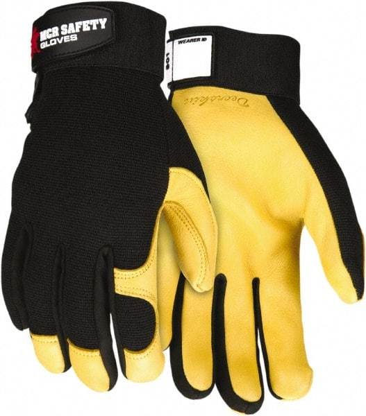 MCR Safety - Size M Deerskin General Protection Work Gloves - For Work & Driver, Uncoated, Hook & Loop Cuff, Black/Yellow, Paired - Americas Industrial Supply
