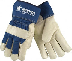 MCR Safety - Size L Pigskin General Protection Work Gloves - For Work & Driver, Uncoated, Safety Cuff, Cream/Blue, Paired - Americas Industrial Supply