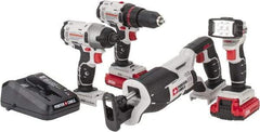 Porter-Cable - 20 Volt Cordless Tool Combination Kit - Includes 1/2" Drill/Driver, 1/4" Impact Driver, Reciprocating Saw & Flash Light, Lithium-Ion Battery Included - Americas Industrial Supply