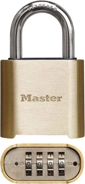 Master Lock - 2" Body Width x 3" Body Height, 1" Shackle Clearance, Brass Finish Combination Lock - 5/16" Shackle Diam, 1" Shackle Width, Set Your Own 4 Digit Combination - Americas Industrial Supply