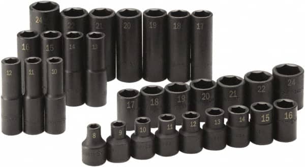SK - 30 Piece 1/2" Drive Standard Deep Impact Socket Set - 6 Points, 8 to 24mm, Metric Measurement Standard - Americas Industrial Supply