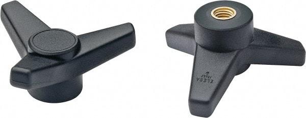 Elesa - 4" Head Diam, 3/8-16 Hole, 1-5/8" High, Glass Fibre Reinforced Technopolymer 3 Arm Knob - 1-7/16" Hub Diam, 1.42 Head Height, Female Insert Style, 3/4 Hole Depth, Black - Americas Industrial Supply