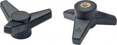 Elesa - 4" Head Diam, 3/8-16 Hole, 1-5/8" High, Glass Fibre Reinforced Technopolymer 3 Arm Knob - 1-7/16" Hub Diam, 1.42 Head Height, Female Insert Style, 3/4 Hole Depth, Black - Americas Industrial Supply