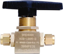 Brennan - 1/4" Pipe, Tube End Connections, Brass, Inline, Two Way Flow, Instrumentation Ball Valve - 3,000 psi WOG Rating, Nylon Handle, PTFE Seal, PFA Seat, Swaglok B-42S4 - Americas Industrial Supply