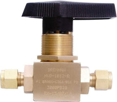 Brennan - 3/8" Pipe, Tube End Connections, Brass, Inline, Two Way Flow, Instrumentation Ball Valve - 3,000 psi WOG Rating, Nylon Handle, PTFE Seal, PFA Seat, Swaglok B-44S6 - Americas Industrial Supply