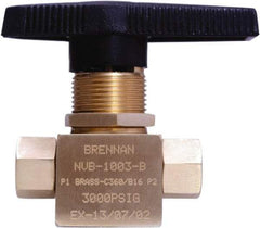 Brennan - 1/8" Pipe, NPT End Connections, Brass, Inline, Two Way Flow, Instrumentation Ball Valve - 3,000 psi WOG Rating, Nylon Handle, PTFE Seal, PFA Seat, Swaglok B-42F2 - Americas Industrial Supply