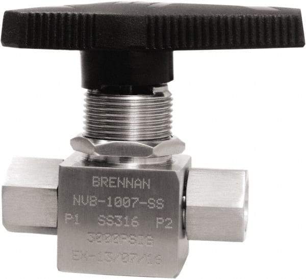 Brennan - 1/4" Pipe, NPT End Connections, Stainless Steel, Inline, Two Way Flow, Instrumentation Ball Valve - 3,000 psi WOG Rating, Nylon Handle, PTFE Seal, PFA Seat, Swaglok SS-43GEF4 - Americas Industrial Supply