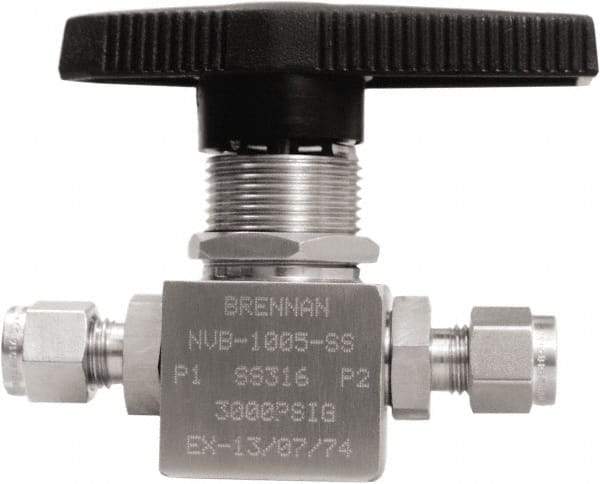 Brennan - 1/4" Pipe, Tube End Connections, Stainless Steel, Inline, Two Way Flow, Instrumentation Ball Valve - 3,000 psi WOG Rating, Nylon Handle, PTFE Seal, PFA Seat, Swaglok SS-42GS4 - Americas Industrial Supply