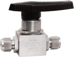 Brennan - 1/2" Pipe, Tube End Connections, Stainless Steel, Inline, Two Way Flow, Instrumentation Ball Valve - 3,000 psi WOG Rating, Nylon Handle, PTFE Seal, PFA Seat, Swaglok SS-45S8 - Americas Industrial Supply