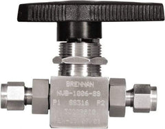 Brennan - 1/4" Pipe, Tube End Connections, Stainless Steel, Inline, Two Way Flow, Instrumentation Ball Valve - 3,000 psi WOG Rating, Nylon Handle, PTFE Seal, PFA Seat, Swaglok SS-43GS4 - Americas Industrial Supply