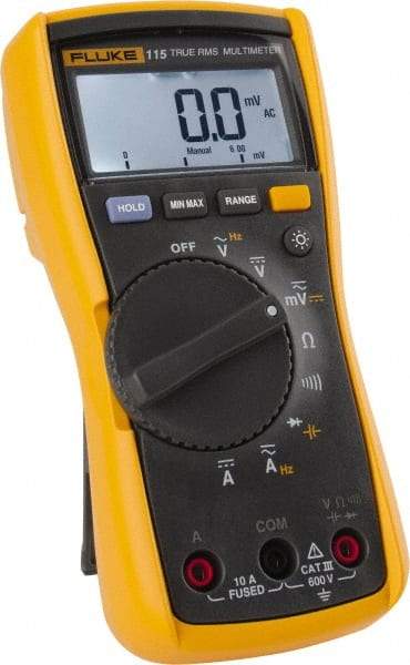 Fluke - 115, CAT III, 600 VAC/VDC, Digital True RMS Auto Ranging Manual Ranging Multimeter - 40 mOhm, Measures Voltage, Capacitance, Current, Frequency, Resistance - Americas Industrial Supply