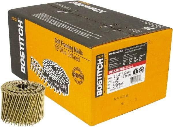 Stanley Bostitch - 11 Gauge 0.12" Shank Diam 3-1/4" Long Framing Nails for Power Nailers - Steel, Yellow Zinc Finish, Smooth Shank, Coil Wire Collation, Round Head, Diamond Point - Americas Industrial Supply