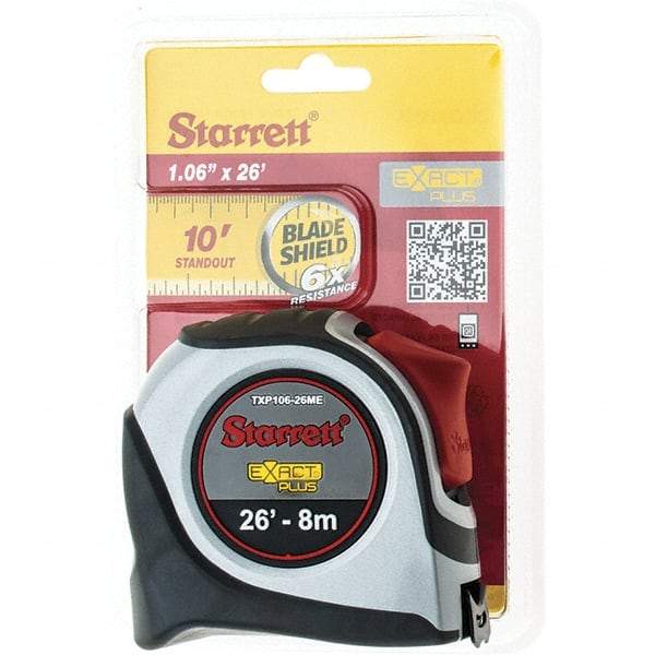 Starrett - 26' x 1-1/16" Yellow Blade Tape Measure - 1/16" & 1mm Graduation, S9 Graduation Style, Gray Case - Americas Industrial Supply
