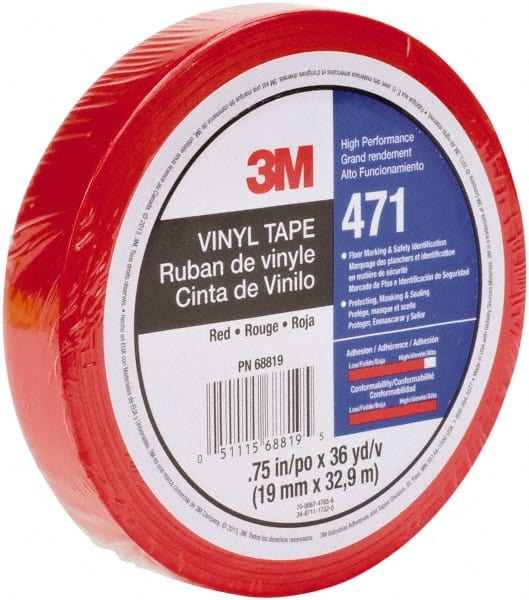 Floor & Aisle Marking Tape: 3/4″ Wide, 108' Long, 5.2 mil Thick, Vinyl Red, Non Anti-Slip Surface, Light-Duty