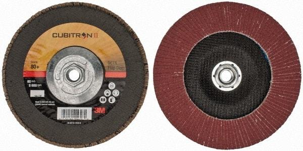 3M - 80 Grit, 7" Disc Diam, 5/8-11 Center Hole, Type 29 Ceramic Flap Disc - 13,300 Max RPM, Cloth Backing, Arbor Attaching System, Coated - Americas Industrial Supply