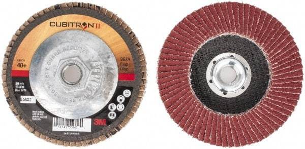 3M - 40 Grit, 4-1/2" Disc Diam, 5/8-11 Center Hole, Type 27 Ceramic Flap Disc - 13,300 Max RPM, Cloth Backing, Arbor Attaching System, Coated - Americas Industrial Supply