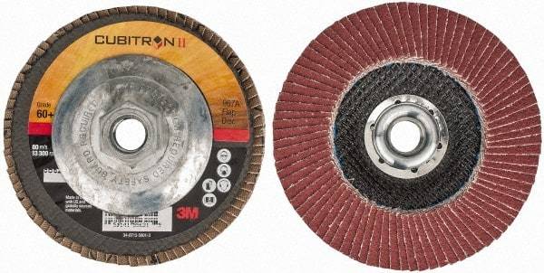 3M - 60 Grit, 4-1/2" Disc Diam, 5/8-11 Center Hole, Type 29 Ceramic Flap Disc - 13,300 Max RPM, Cloth Backing, Arbor Attaching System, Coated - Americas Industrial Supply