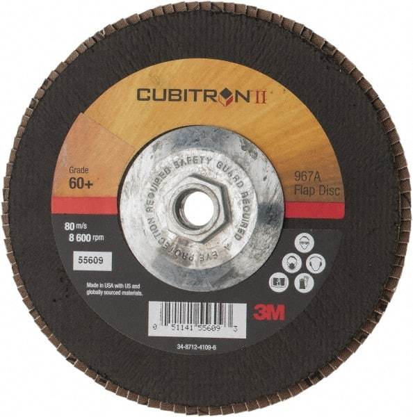 3M - 60 Grit, 7" Disc Diam, 5/8-11 Center Hole, Type 27 Ceramic Flap Disc - 13,300 Max RPM, Cloth Backing, Arbor Attaching System, Coated - Americas Industrial Supply
