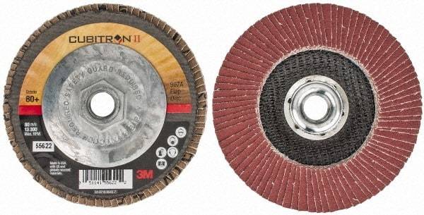 3M - 80 Grit, 4-1/2" Disc Diam, 5/8-11 Center Hole, Type 29 Ceramic Flap Disc - 13,300 Max RPM, Cloth Backing, Arbor Attaching System, Coated - Americas Industrial Supply