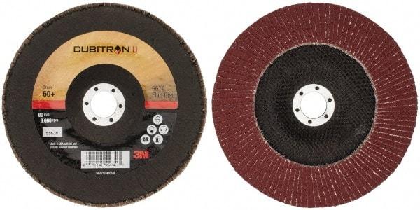 3M - 60 Grit, 7" Disc Diam, 7/8" Center Hole, Type 29 Ceramic Flap Disc - 13,300 Max RPM, Cloth Backing, Arbor Attaching System, Coated - Americas Industrial Supply