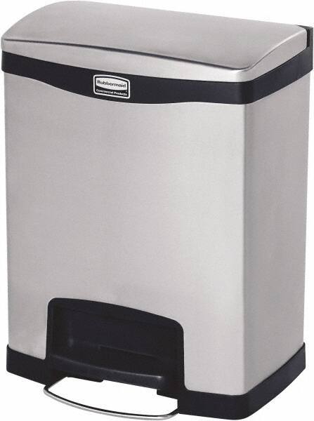 Rubbermaid - 8 Gal Rectangle Unlabeled Trash Can - 21.86" High x 16-7/8" Long, Chrome, Black, Metal - Americas Industrial Supply