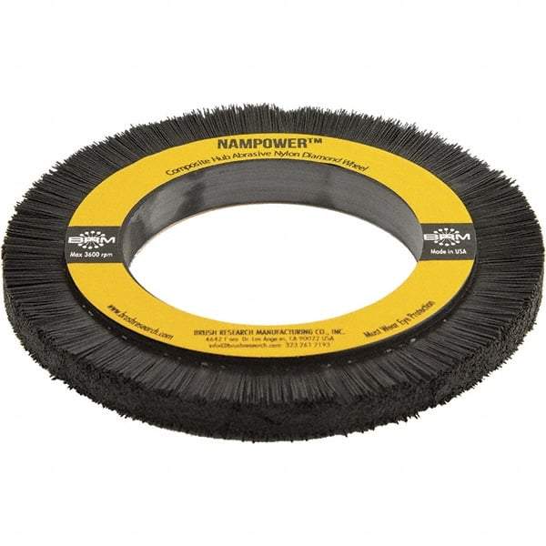 Brush Research Mfg. - 5-29/32" OD, 3-1/4" Arbor Hole, Crimped Abrasive Nylon Wheel Brush - 0.394" Face Width, 3/4" Trim Length, 3,600 RPM - Americas Industrial Supply