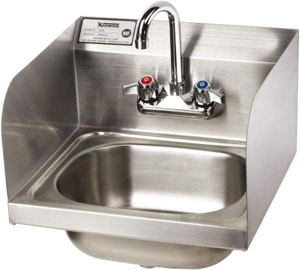 Krowne - 14" Long x 10" Wide Inside, 1 Compartment, Grade 304 Stainless Steel Hand Sink with Side Support - 20 Gauge, 14" Long x 16" Wide x 15" High Outside, 6" Deep - Americas Industrial Supply