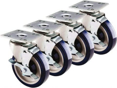 Krowne - 5" Diam x 1" Wide x 6" OAH Top Plate Mount Swivel Caster with Brake - Polyethylene, 200 Lb Capacity, 4 x 4" Plate - Americas Industrial Supply