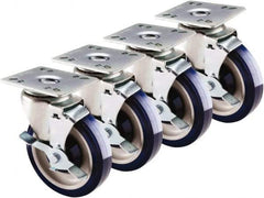 Krowne - 5" Diam x 1" Wide x 6" OAH Top Plate Mount Swivel Caster with Brake - Polyethylene, 200 Lb Capacity, 3-1/2 x 3-1/2" Plate - Americas Industrial Supply