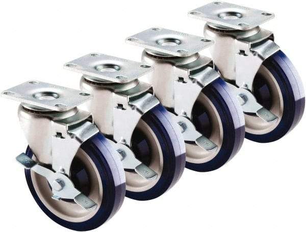 Krowne - 5" Diam x 1" Wide x 6" OAH Top Plate Mount Swivel Caster with Brake - Polyethylene, 200 Lb Capacity, 2-3/8 x 3-5/8" Plate - Americas Industrial Supply