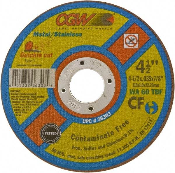 Camel Grinding Wheels - 5" 60 Grit Aluminum Oxide Cutoff Wheel - 0.04" Thick, 7/8" Arbor, 12,250 Max RPM - Americas Industrial Supply