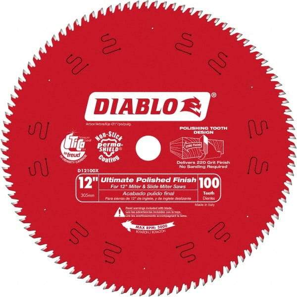 Freud - 12" Diam, 1" Arbor Hole Diam, 100 Tooth Wet & Dry Cut Saw Blade - Carbide-Tipped, Fine Finishing Action, Standard Round Arbor - Americas Industrial Supply