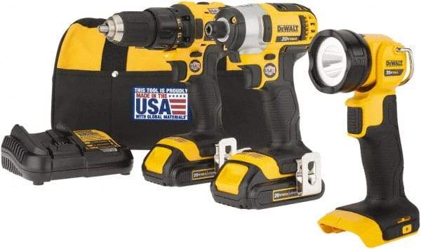 DeWALT - 20 Volt Cordless Tool Combination Kit - Includes 1/2" Drill/Driver, 1/4" Impact Driver & Work Light, Lithium-Ion Battery Included - Americas Industrial Supply