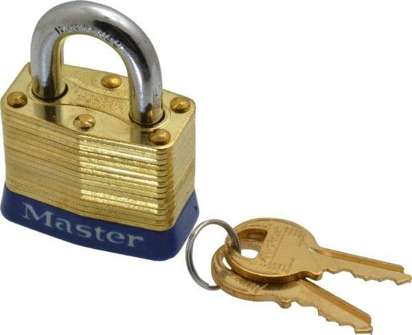 Master Lock - 3/4" Shackle Clearance, Keyed Alike Laminated Brass Padlock - 9/32" Shackle Diam, Brass - Americas Industrial Supply